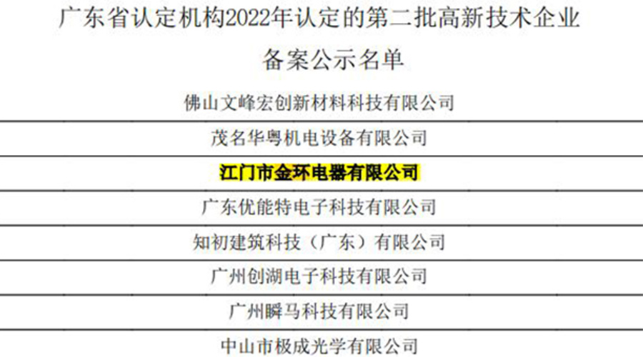 好消息！金環(huán)電器再次通過國家級“高新技術(shù)企業(yè)”認定